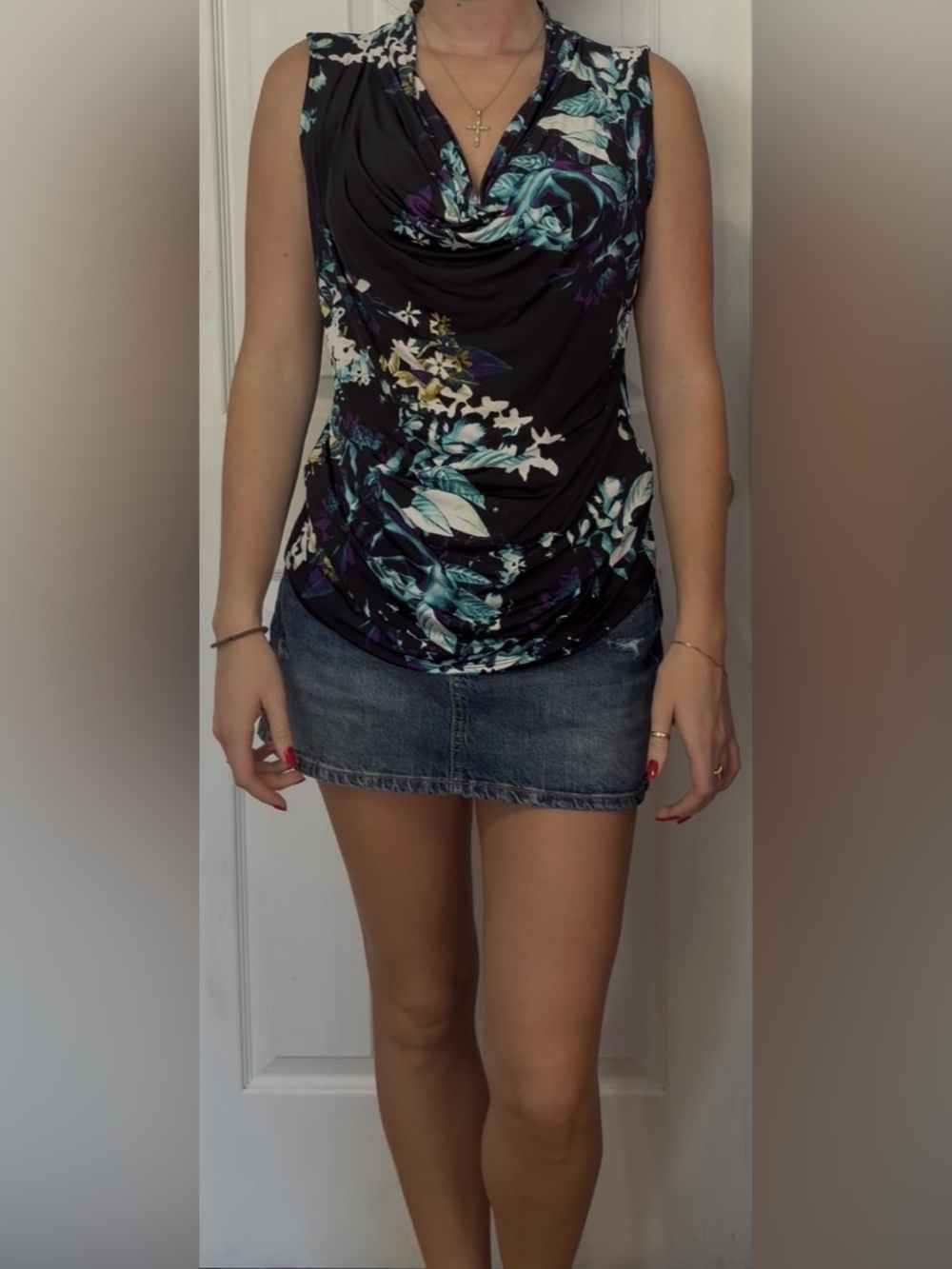 Floral Cowl Neck Top in Black & Blue Like New